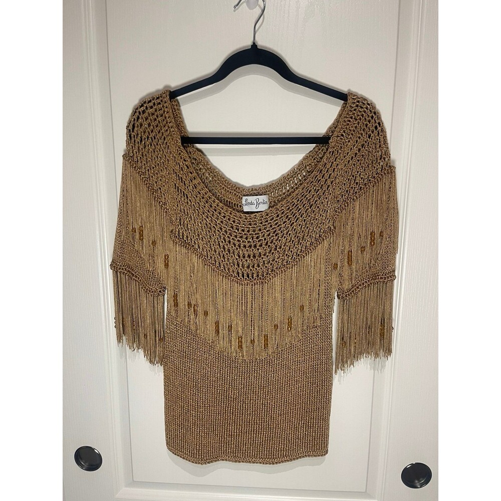 Vintage Linda Berlin Metallic Bronze Knit Beaded Fringe Top